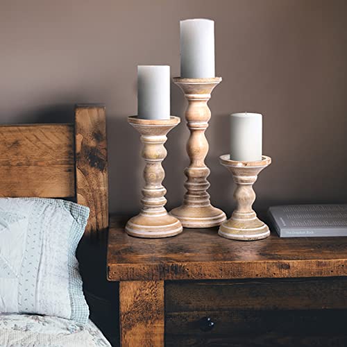 Mango Wood Candle Holders - Whitewash Finish, Set of 3