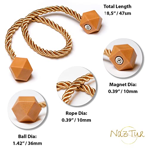 NazTur Magnetic Curtain Tiebacks- Upgrade 2022 with a Thicker Twist Rope & Strong Magnet Tieback Window Treatment Holdbacks Draperies Holders Decorative Drape Handmade Tie Back (Gold, 2)