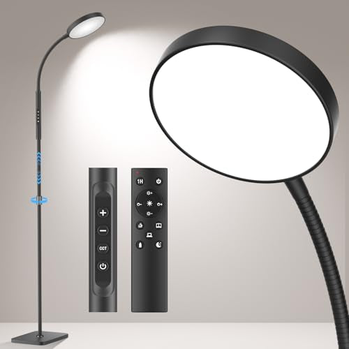 Floor Lamp, Adjustable Height LED Standing Reading Lamp for Living Room & Bedroom, Super Bright, Eye-Caring Stepless Dimmable Modern Tall Lamp for Office Craft with Gooseneck & Remote, Black