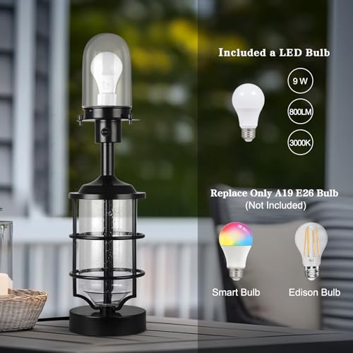 Outdoor Table Lamp, Farmhouse Lamp for Patio Table Decor with Cord, Rustic Table Light with Seeded Glass, 23.5" Plug-in Outdoor Lamps for Patio Waterproof, LED Bulb Included (Black)