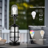 Outdoor Table Lamp, Farmhouse Lamp for Patio Table Decor with Cord, Rustic Table Light with Seeded Glass, 23.5" Plug-in Outdoor Lamps for Patio Waterproof, LED Bulb Included (Black)
