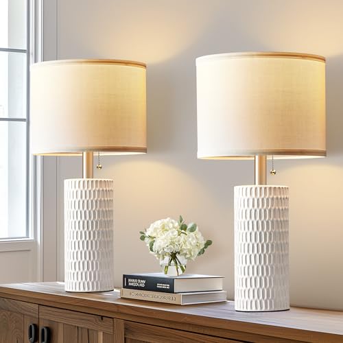 20" Modern Ceramic Table Lamps for Bedroom Set of 2, Small Table Lamps for Night Stands, Living Room, Home Office and Hallways, White