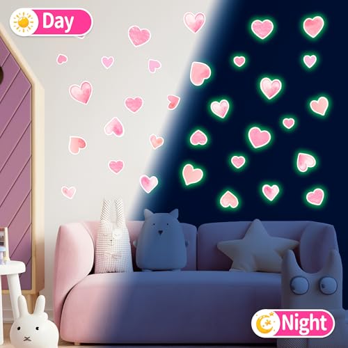 42 pcs Pink Heart Shape Wall Stickers for Girls Bedroom，Glow in The Dark Kids Room Decor, Baby Nursery Ceiling Decals Wallpaper Vinyl Murals