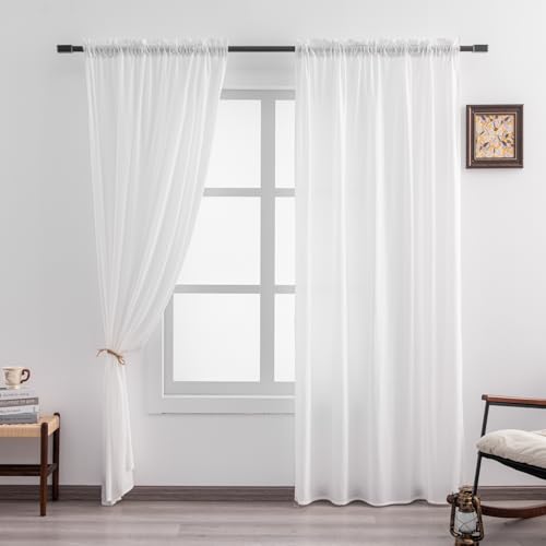 Non-See-Through White Privacy Semi Sheer Curtains That Let Light in 84 Inches Long Light Filtering Sheer Window Curtains Drapes for Living Room Bedroom 2 Panels Set White