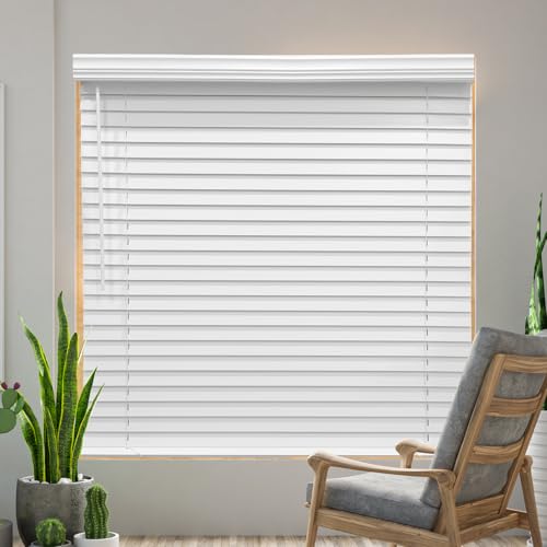 Cordless Faux Wood Blinds 30" W x 36" H, 2 Inch Slat Horizontal Windows Blinds with Crown Valance, Room Darkening Blinds, White Blinds for Home Interiors.