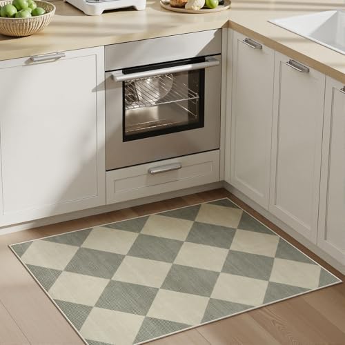 Checkered Washable Entryway Rug 2x3, Non Slip Ultra Thin Green Front Door Mat Indoor Entrance Low Pile Small Kitchen Rug, Moroccan Contemporary Decor Neutral Accent Carpet for Bedroom Bathroom