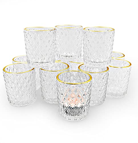 SHMILMH Clear Votive Candle Holders, Glass Tealight Candle Holders Bulk with Rim for Wedding Table Centerpiece Birthday Party Thanksgiving Decor, Set of 12