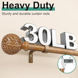 QDWIS Wood Curtain Rods for Windows 66 to 120 Inch, 1'' Adjustable Decorative Drapery Rods with Imitation Wood Grain Leaf Pattern Finials, Boho Heavy Duty Long Window Curtain Rods Set 36''-120''