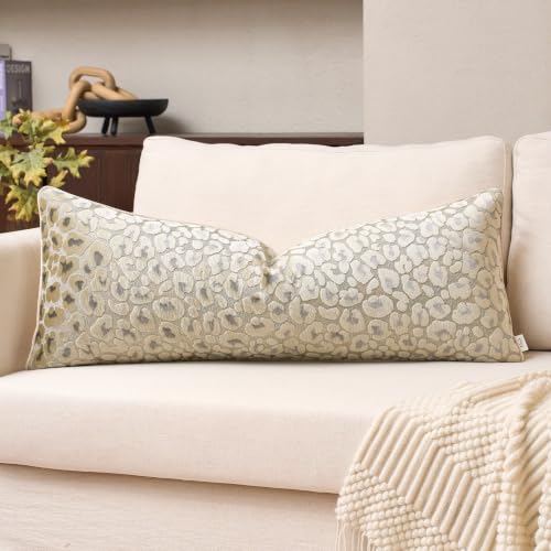 Alerfa Beige Floral Throw Pillow Cover 14 x 36 Inch Cut Velvet Rectange Luxury Decorative Lumbar Pillow Cover for Couch Living Room Bedroom