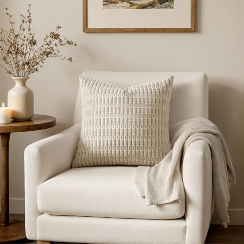 MIULEE Pack of 2 Corduroy Decorative Throw Pillow Covers 20x20 Inch Soft Boho Striped Pillow Covers Modern Farmhouse Home Decor for Sofa Living Room Couch Bed Cream White