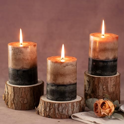 Layered Pillar Candles Set of 3, 3"x 4" Table Decor Coffee