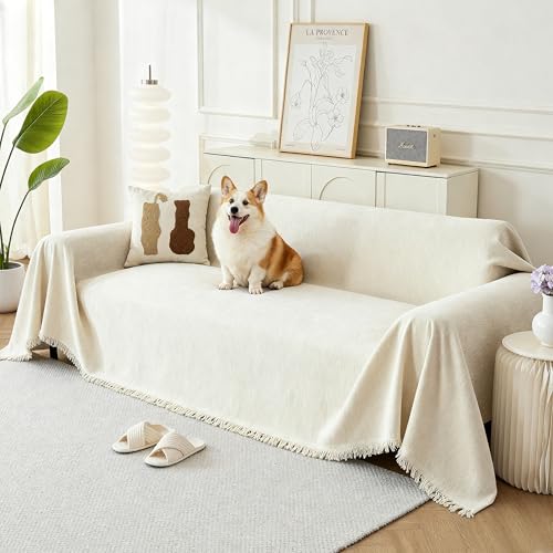 Couch Cover for Dogs, Boho Sofa Covers for 3 Cushion Couch, Chenille Sofa Slipcover for Pets Washable, L-Shape Sectional Couch Loveseat Cover Soft Throw Blankets with Tassels(71x118,Cream)