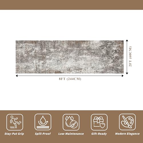 Washable 2x8 Kitchen Rug Runner – Non-Slip Stain-Resistant Soft Carpet Runner for Hallway Entryway Bedroom Bathroom, Modern Abstract Neutral Low-Pile Area Rug (Brown Beige,2x8)