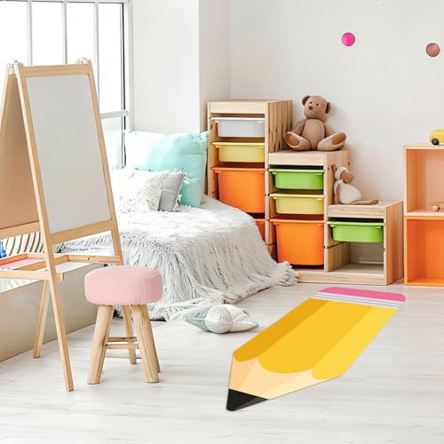 JarThenaAMCS 7 x 3 Ft Pencil Classroom Rug Large Yellow Floor Mat Back to School Non-Slip Soft Fluffy Doormat Carpet for Home Nursery Playroom Decor