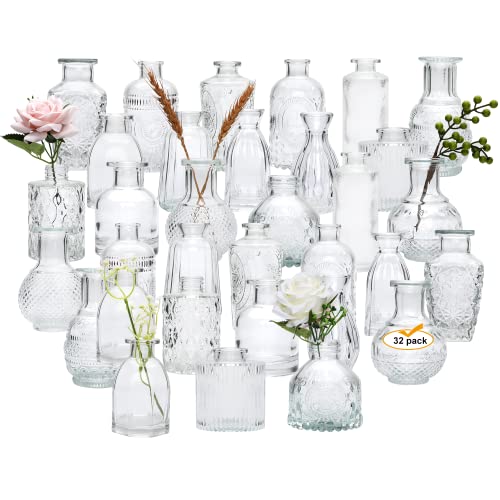 Glass Bud Vases Set of 32,Small Flower Vases for Wedding Centerpiece Table Decorations,Clear Vintage Embossed Mini vases,Flower Arrangements in Vases for Party or Home Decor