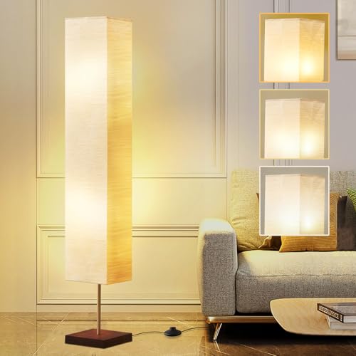 Floor Lamp for Living Room, Color Temperature Adjustable Column Tall Lamp, Standing Lamp with Walnut Base Corner Floor Lamp for Bedroom, Office& Living Room-Beige(Bulbs Included)