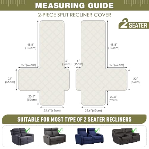 TAOCOCO 100% Waterproof Loveseat Recliner Covers 2 Seater, Split Loveseat Covers for Reclining loveseat, Non Slip Reclining Couch Cover with Double Straps for Kids, Pets(2 Seater, Green)