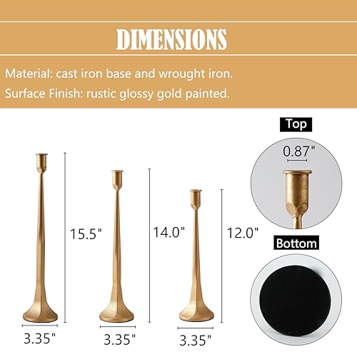 Iron Taper Candle Holder Set of 3, Gold Candlestick Holders Decorative Candle Stand, Tapered Candle Holders Tall Set for Wedding, Dining Table, Home Decoration (Gold)