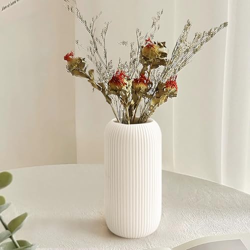 Ceramic Vase for Flowers – Modern Small Ribbed Textured Flower Vase for Home Decor, Pampas Grass, Decorative, Farmhouse, Coffee Table, Kitchen Centerpieces, Bookshelf and Home Living (White)