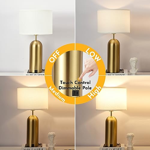 Gold Lamps Set of 2 Touch Control 3-Way Dimmable Bedside Nightstand Lamps Bedroom Lamps Modern White& Gold Table Lamp with USB Type C Ports Tall Lamps for Living Room End Table Home Office
