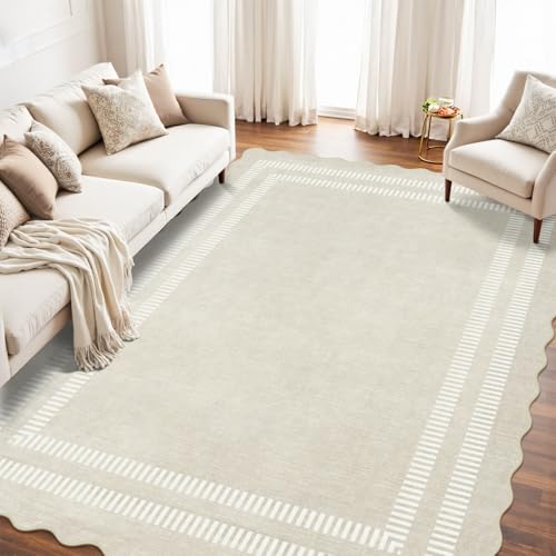 Washable 8x10 Area Rugs for Living Room, Solid Ivory Ultra-Thin Bedroom Rug Non-Slip Dining Room Rugs, Soft Scalloped Carpet for Nursery Kids Room Office