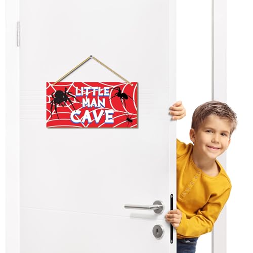Little Man Cave, Spider Room Decor for Boys Wooden Door Sign Baby Boys Bedroom Wall Decorations for Nursery Toddler Nursery Playroom Wall Art