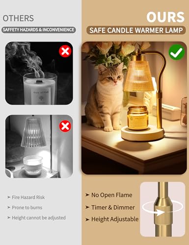 Candle Warmer Lamp for Jar Candles, Height Adjustable & Dimmable with 2/4/8H Timer, 2*50W Halogen Wax Melter Warmer for Home Office Décor, Flameless & Smokeless, Gift for Women Mom,Gold- Amber/1 Pack