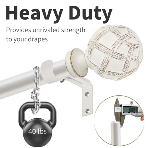 Single Curtain Rod for Windows 28 to 48 Inches(2.3-4ft): 1 inch Diameter Adjustable Curtain Rod, Heavy Duty Curtain Rod with Netted Texture Finials, Size:18-64(weathered white)