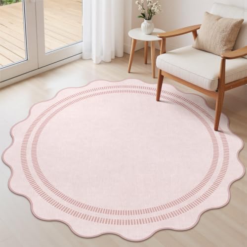 Washable 5ft Area Rugs for Living Room, Solid Pink Non Slip Rugs for Bedroom Girls, Stain Resistant Scalloped Soft Carpet for Nursery Dorm Dining Room