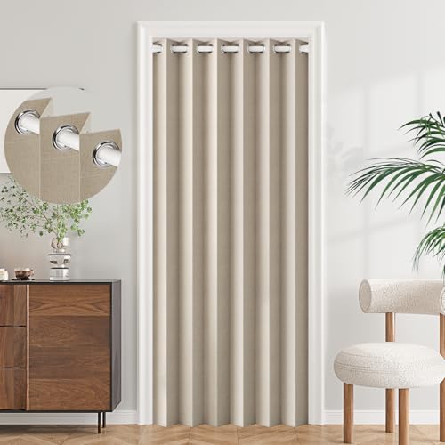 100% Blackout Magnetic Folding Door Curtain for Doorway Pleated Curtains Room Divider Drapes, Accordion Style Closet Curtains for Open Closet, 1 Panel, W45 x L80, Tan