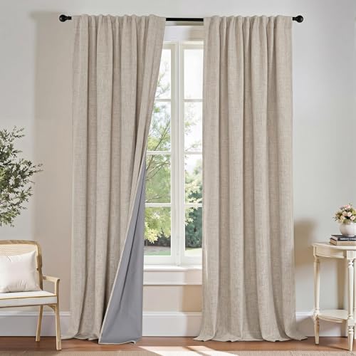 PONY DANCE Beige Linen Blackout Curtains 84 Inch Long for Bedroom Living Room, Cream Back Tab/Rod Pocket Full Black Out Drapes Rustic Farmhouse Curtains for Window, 52" X 84" 7 FT, 2 Panels, Natural