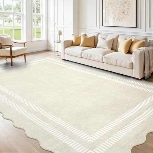 Washable 6x9 Area Rugs for Living Room, Solid Ivory Ultra-Thin Bedroom Rug Non-Slip Dining Room Rugs, Soft Scalloped Carpet for Nursery Kids Room Office