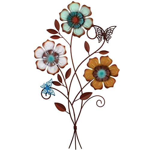 Moxweyeni Tricolor Flower Wall Decor Vintage Metal Wall Art Decor Rustic Hanging Flowers Decorative Metal Floral Art for Home Living Room Bathroom Indoor Outdoor, 15 x 9.1 Inch(1 Piece)