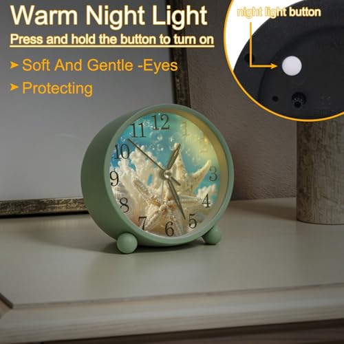Underwater Ocean Coral and Starfish Silent Analog Alarm Clock with Light, Easy to Set Gentle Wake Bedside Table Clock, Battery-Operated, Suitable for Home, Dorm, Office Desk, (Green, 4.3 Inch)