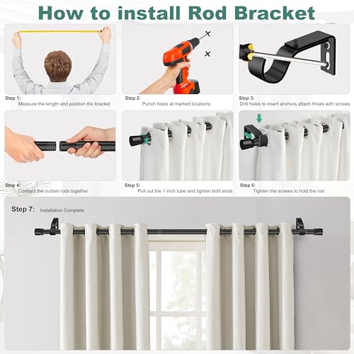 Ottsuls Curtain Rods for Windows, 32 to 60 or 71 Inches Max Adjustable Length, 1 Inch Diameter, Black Decorative Curtain Rod Set, Rustproof Heavy Duty Metal Pole with Brackets