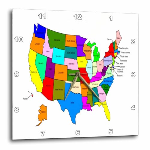 3D Rose DPP_80586_2 3dRose Colorful Map of The United States for Kids - Wall Clock, 13 by 13"