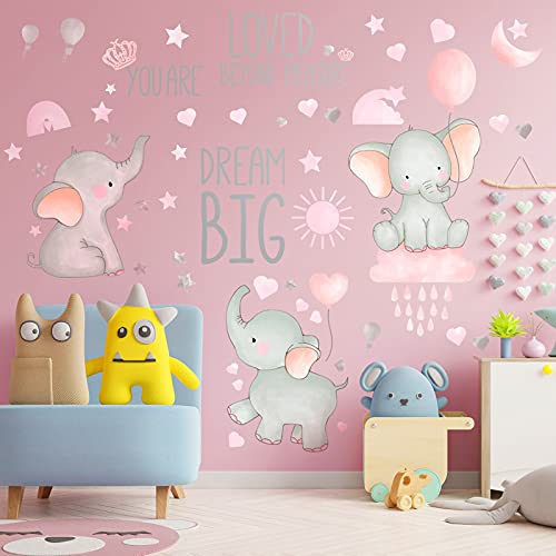 Outus 7 Pcs Dream Big Little One Elephant Nursery Wall Stickers Wall Decor Baby Room Moon Hot Air Balloon Pink Grey Stars Decals for Kids Living Room Bedroom Decorations Home Decor