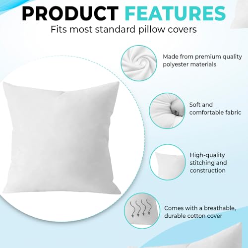 QUBA LINEN Throw Pillow Inserts (Set of 2, White), 16x16 Inches - Premium Cushion Fillers for Sofa, Bed, and Home Décor (16x16 Inch (Pack of 2))