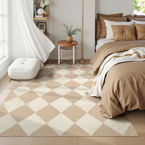 Checkered Print 5x7 Washable Area Rugs for Bedroom, Non Slip Ultra Thin Beige Rugs for Living Room, Geometric Plaid Dorm Decor Soft Low Pile Carpet for Office Kids Room Classroom
