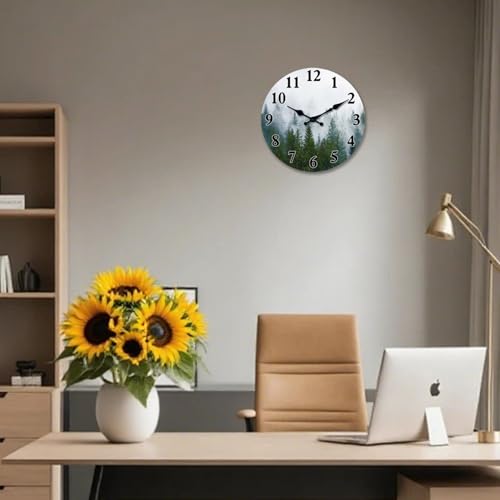 XFM Small Wooden Wall Clock Forest Tree Battery Operated Clocks MDF Silent Non-Ticking Wallclock 10 Inch Misty Forest Decorative Round Wall Clocks for Bathroom Decor