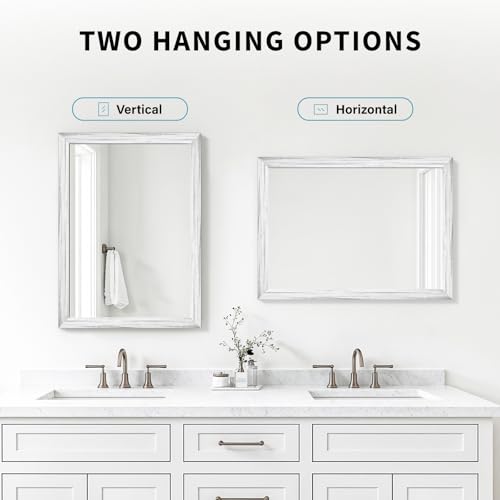 White Wood Effect Framed Wall Mirror, 24x32 Rectangle Mirror, Anti-desilvering Tempered Glass, Sustainable& Sturdy Frame, Farmhouse Mirror, Anti-Rust, 3min Fast Setup for Bathroom Living Room