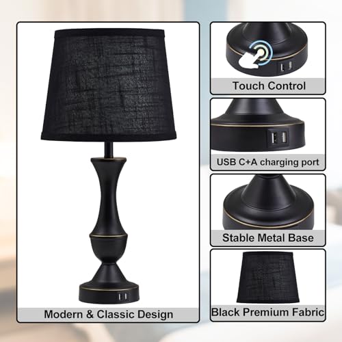 Black Touch Table Lamps Set of 2, 22" Tall Bedside Lamps with USB C+A Charging Ports, Nightstand Lamps for for Bedroom, Living Room, Office, with Black Lampshade, LED Bulb Included
