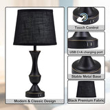 Black Touch Table Lamps Set of 2, 22" Tall Bedside Lamps with USB C+A Charging Ports, Nightstand Lamps for for Bedroom, Living Room, Office, with Black Lampshade, LED Bulb Included