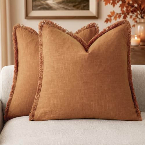 Foindtower Decorative Linen Fringe Throw Pillow Covers 22×22 Inch,Orange