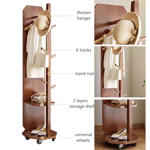 Floor-Standing Solid Wood Rotating Coat Rack，Full Length Mirror with Coat Rack Wood Floor Mirror with Wheels 360° Rotation 2 in 1 Full Body Mirror and Coat Rack for Living Room Bedroom Apart