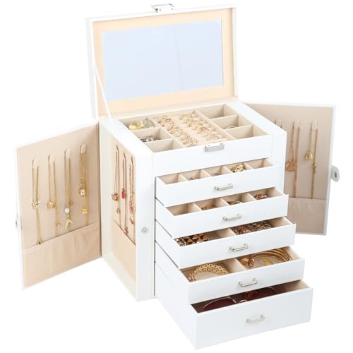 BOOVO Large Jewelry Box for Women, 6 Layer Jewelry Organizer with 5 Drawer and Side Doors & Necklace Hooks, Leather Jewelry Storage Boxes for Earrings, Rings, Bracelets