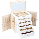 BOOVO Large Jewelry Box for Women, 6 Layer Jewelry Organizer with 5 Drawer and Side Doors & Necklace Hooks, Leather Jewelry Storage Boxes for Earrings, Rings, Bracelets