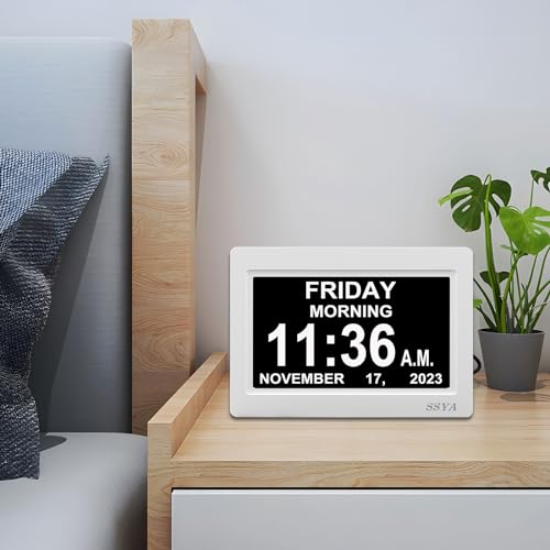 SSYA Digital Calendar Alarm Clock - Dementia Clocks for Seniors, Non-Abbreviated Memory Loss Clock with Date and Time for Elderly (White)