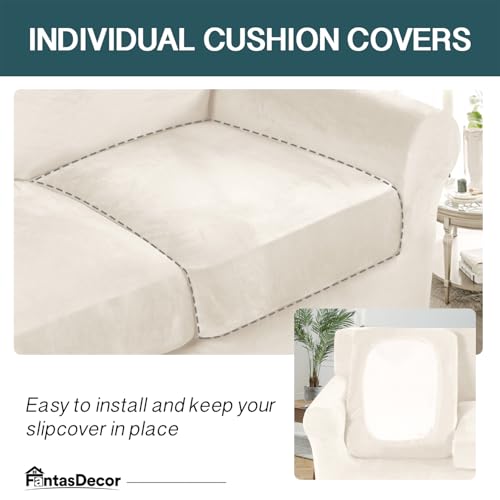 FantasDecor 4 Piece Sofa Velvet Couch Covers for 3 Cushion Stretch Slipcover with Individual Seat Cushion Elastic Furniture Protector for Pets, Machine Washable (Sofa, Ivory)