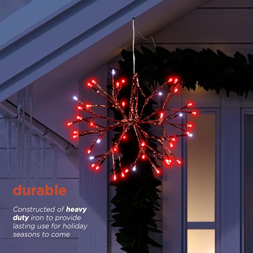 Alpine Corporation 16" Tall Holiday 3D Snowflake Hanging Ornament with 96 LED Lights, with Twinkling Effect, Festive Indoor/Outdoor Christmas Decoration, White Red